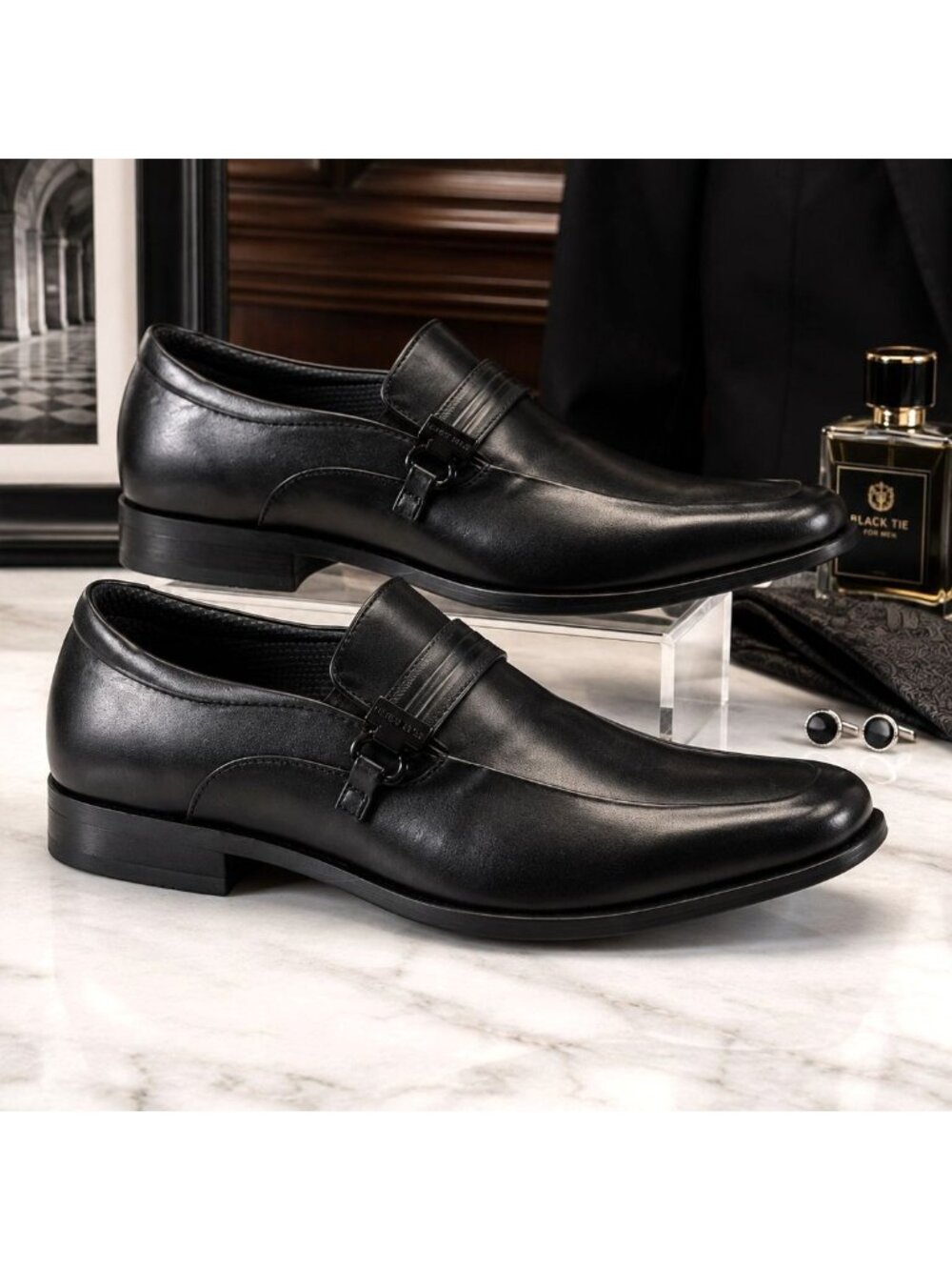Perry Ellis Mens Size 9 Dress Shoes Black Vegan Leather Slip-On Loafers Buckle